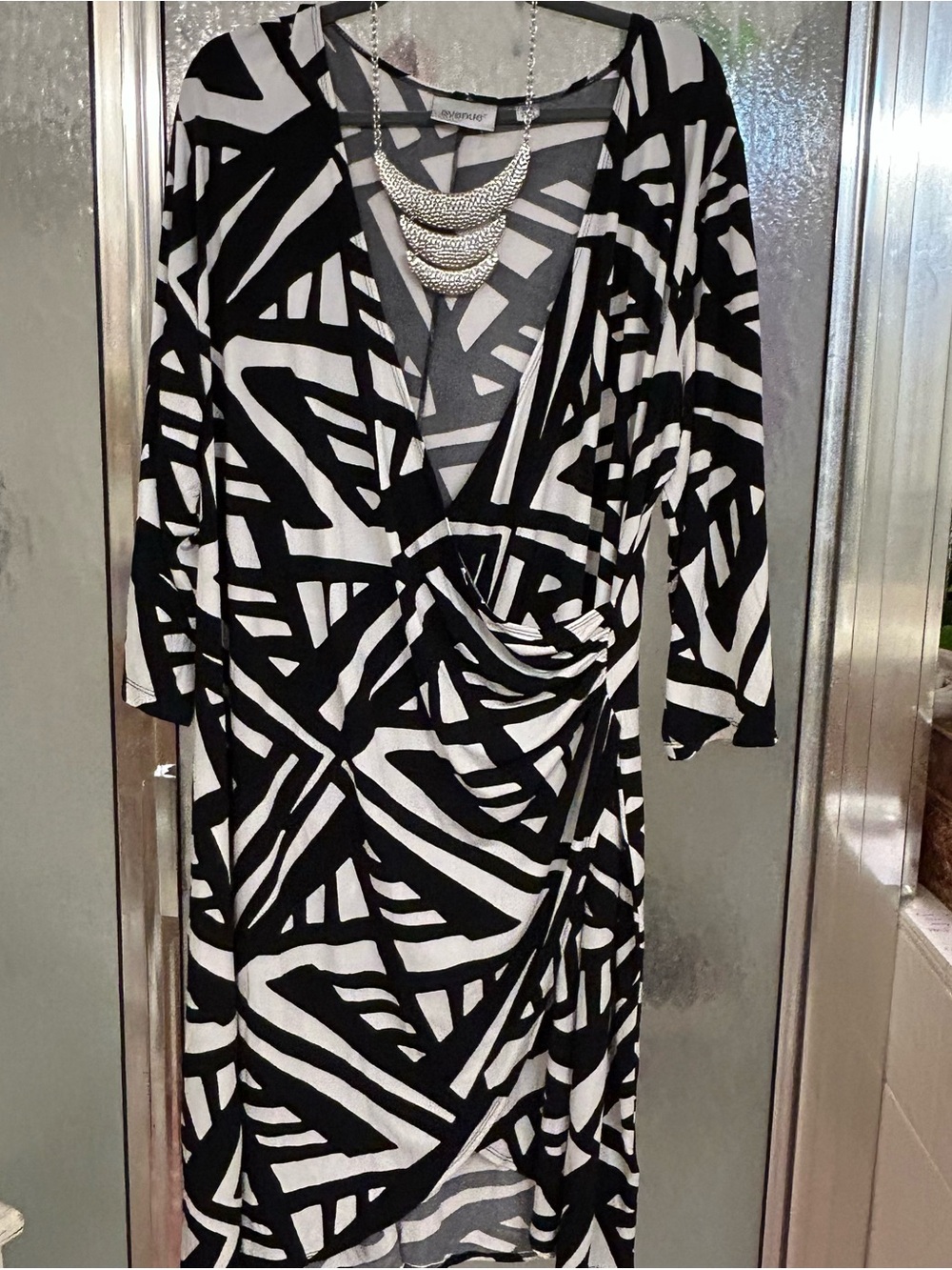 Avenue Black & White Geometric Wrap Midi Dress
